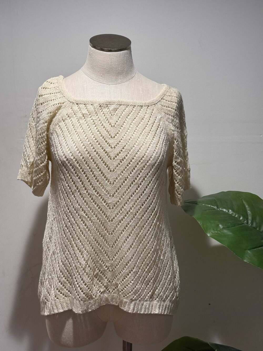 Miss Kelly 1999 Chevron Pointelle Knit Short Sleeve Top Size Medium Y2K